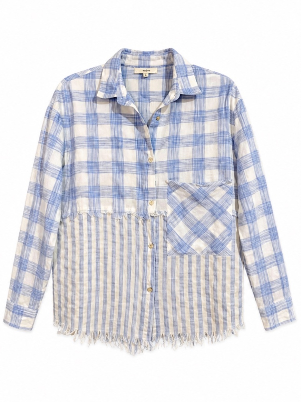 Entro Blue & White Pattern 100 Cotton Button-Up Raw Hem – Size Small EUC